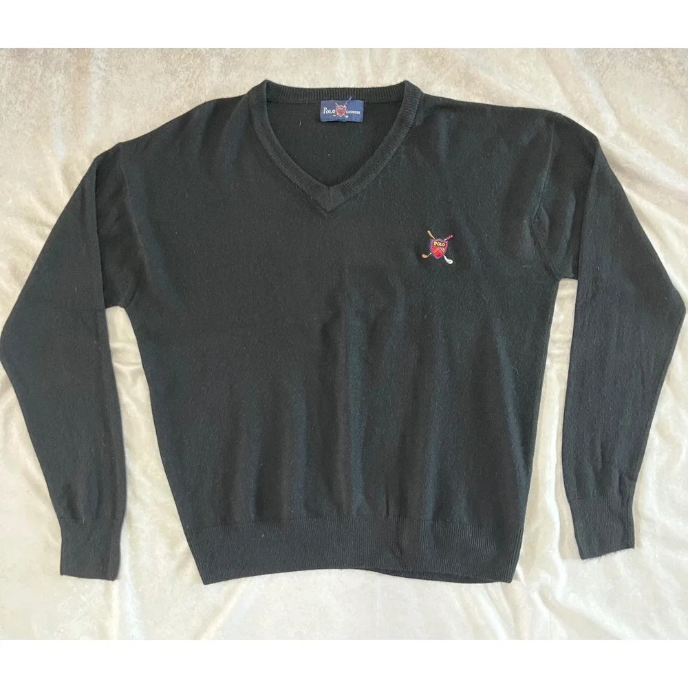 Polo Ralph Lauren Vintage 100%‎ Cashmere Golf Sweater Mens XL V Neck Embroidered